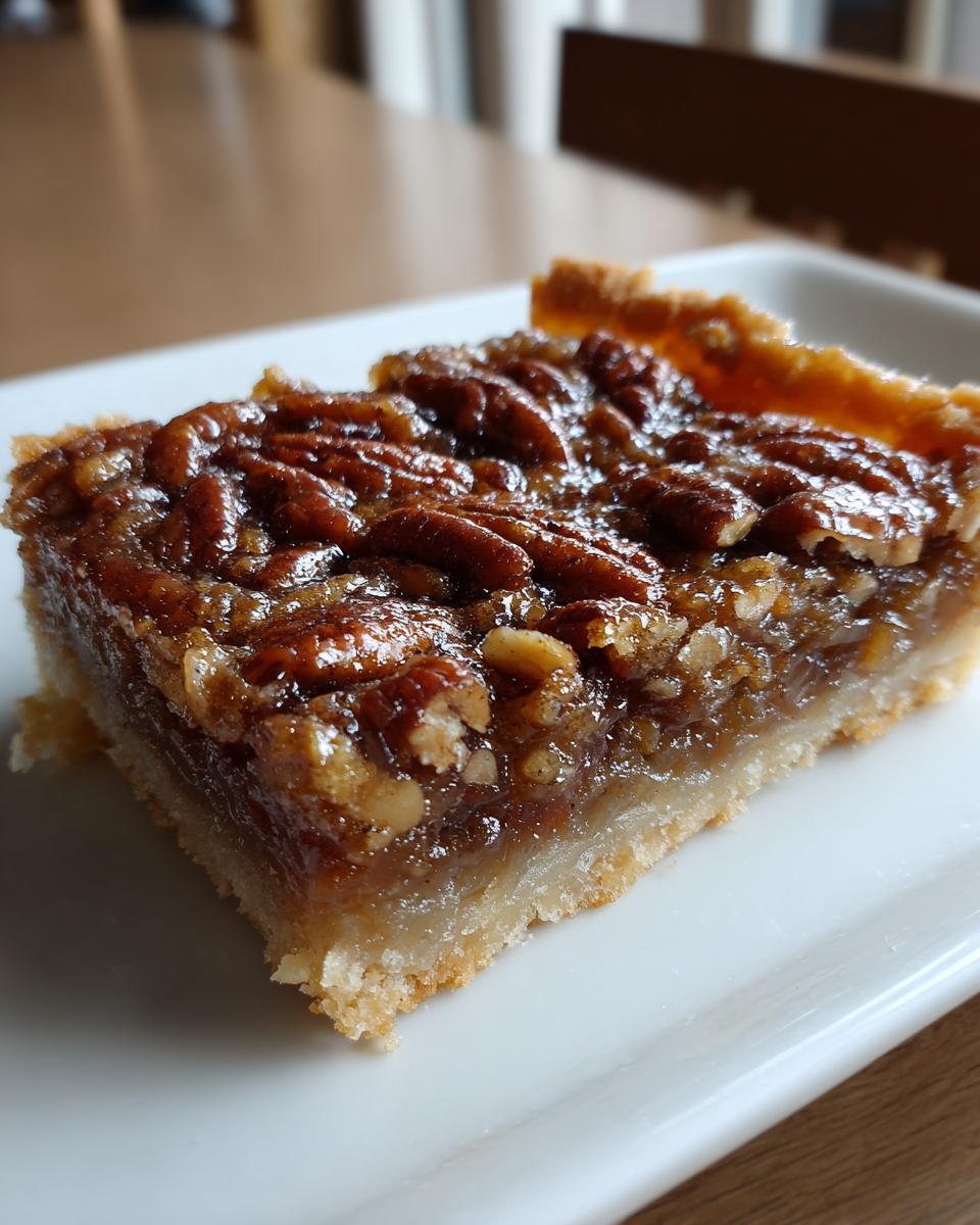 A close-up view of a single, thick slice of pecan pie bars with a gooey filling and whole pecans on top, resting on a white dish.