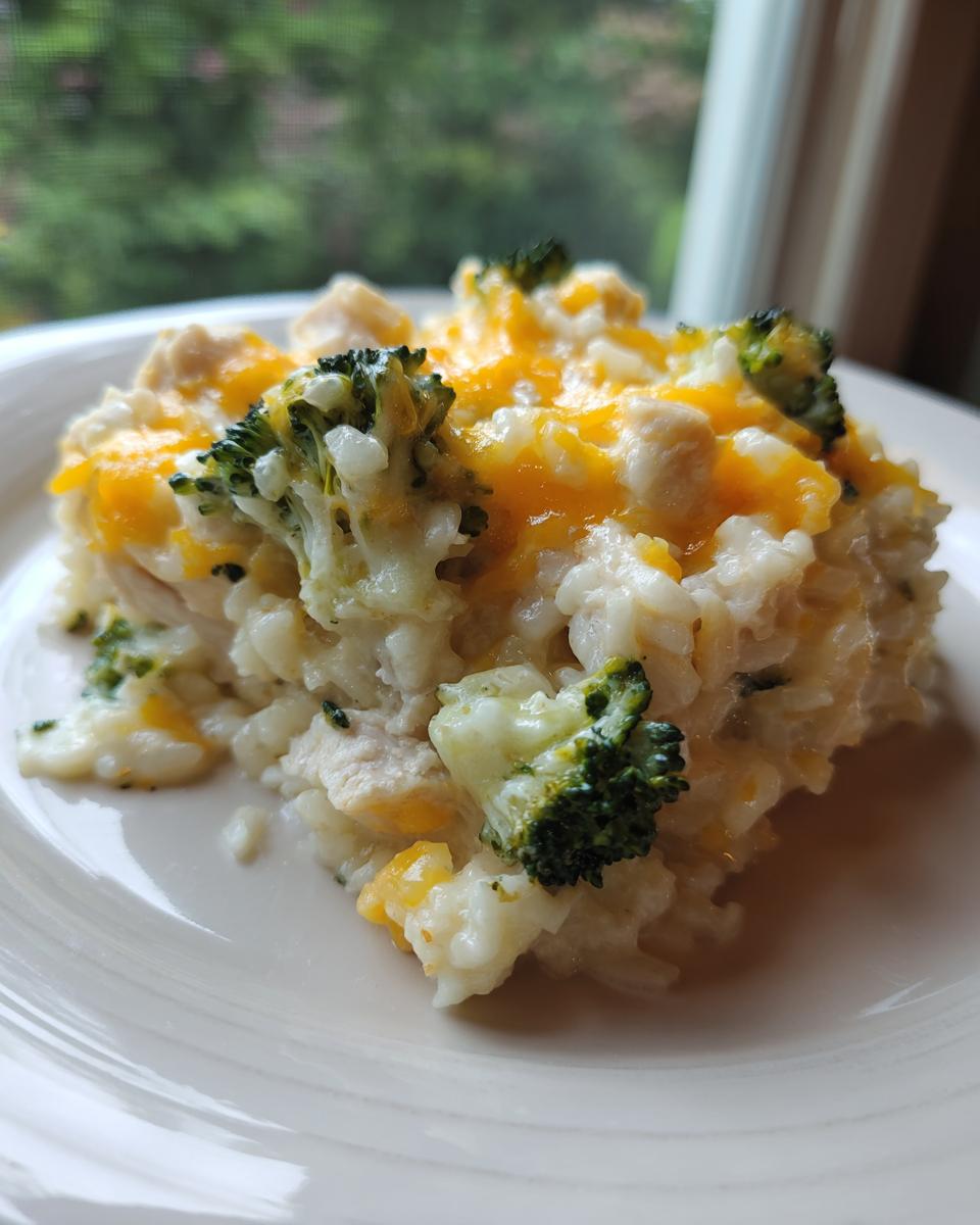 A close-up serving of creamy chicken broccoli rice casserole topped with melted cheddar cheese.