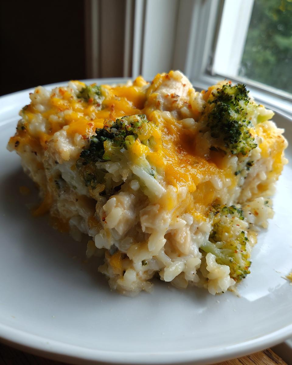 A square serving of creamy chicken broccoli rice casserole topped with melted cheddar cheese.