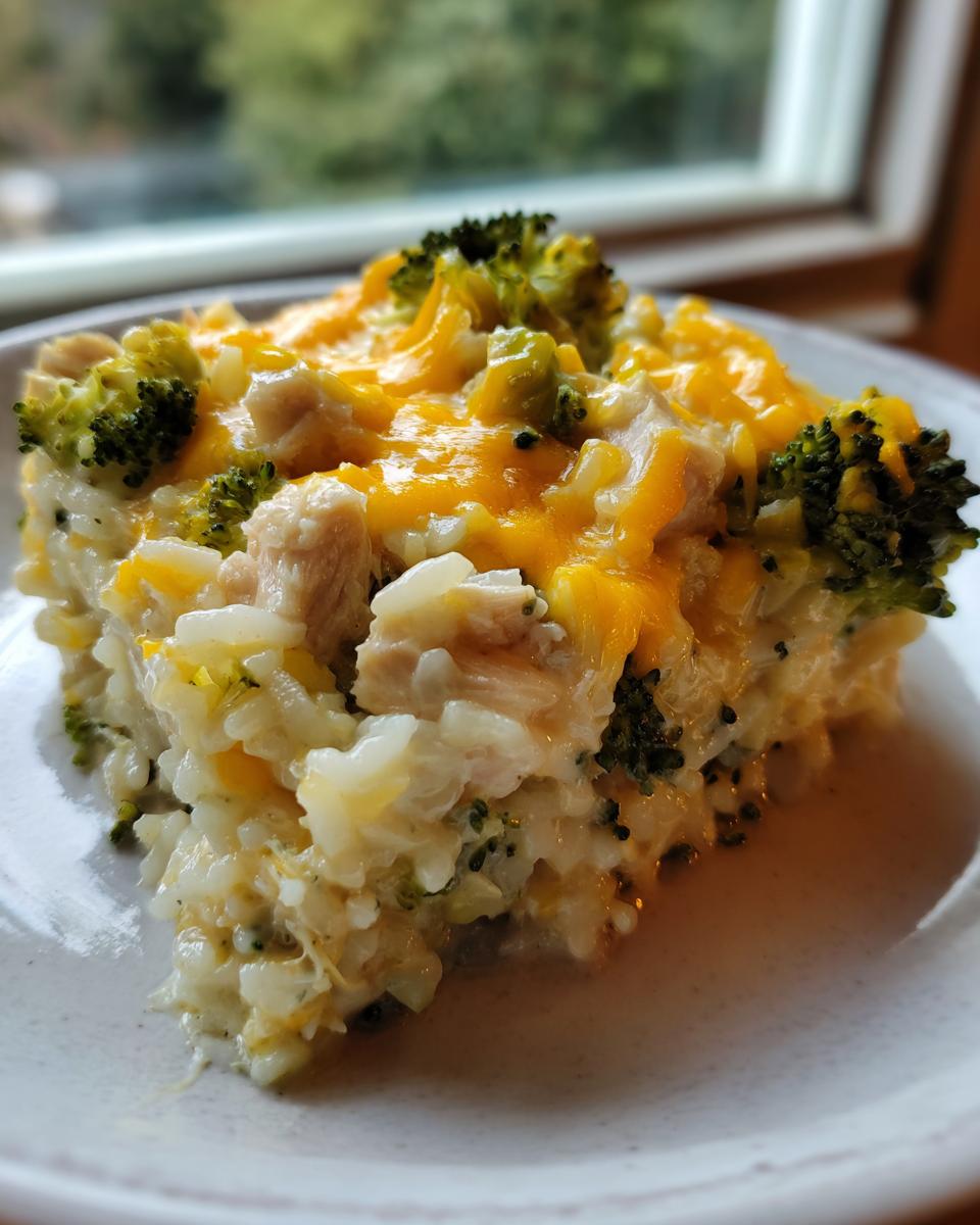 A close-up serving of creamy chicken broccoli rice casserole topped with melted cheddar cheese.