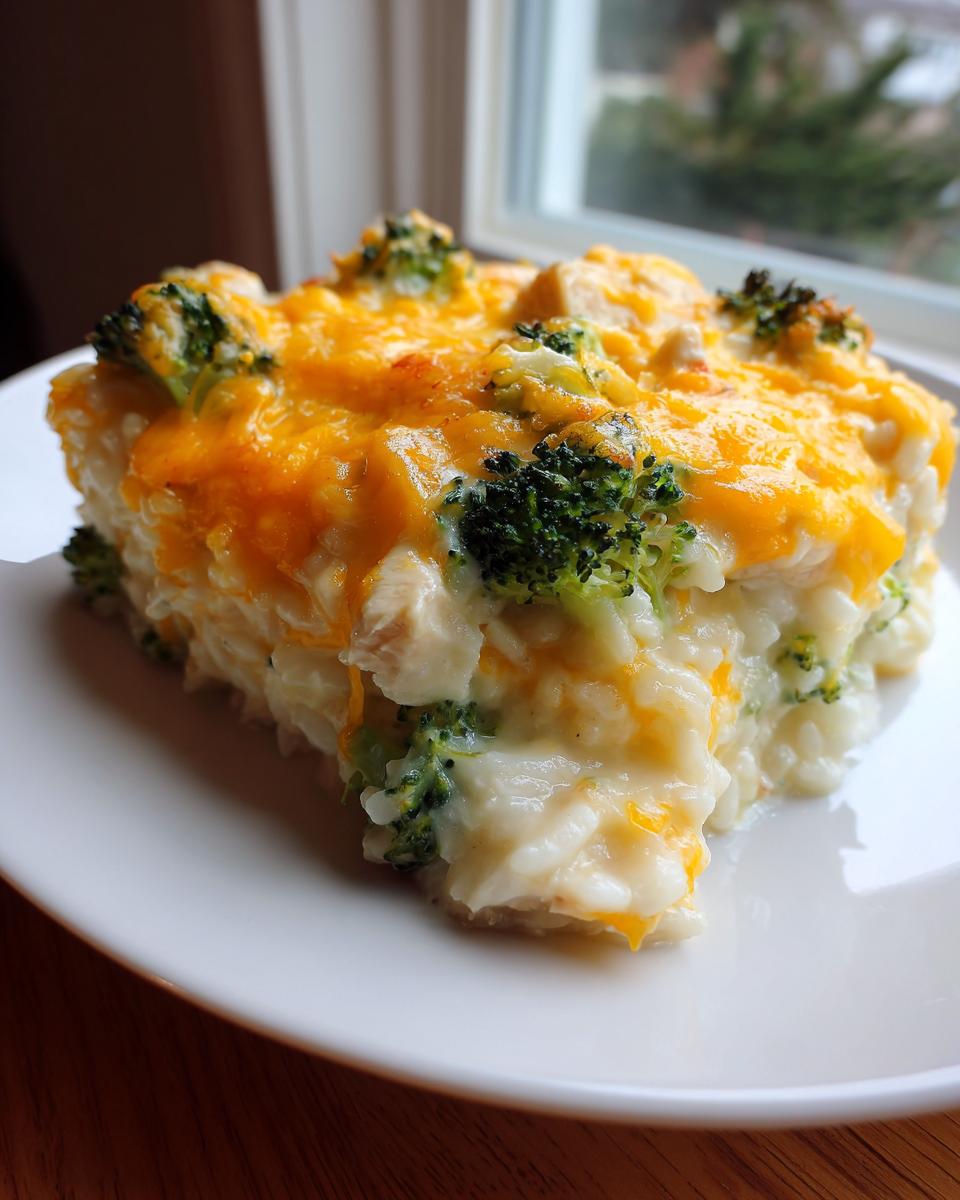 A square serving of creamy chicken broccoli rice casserole topped with melted cheddar cheese.