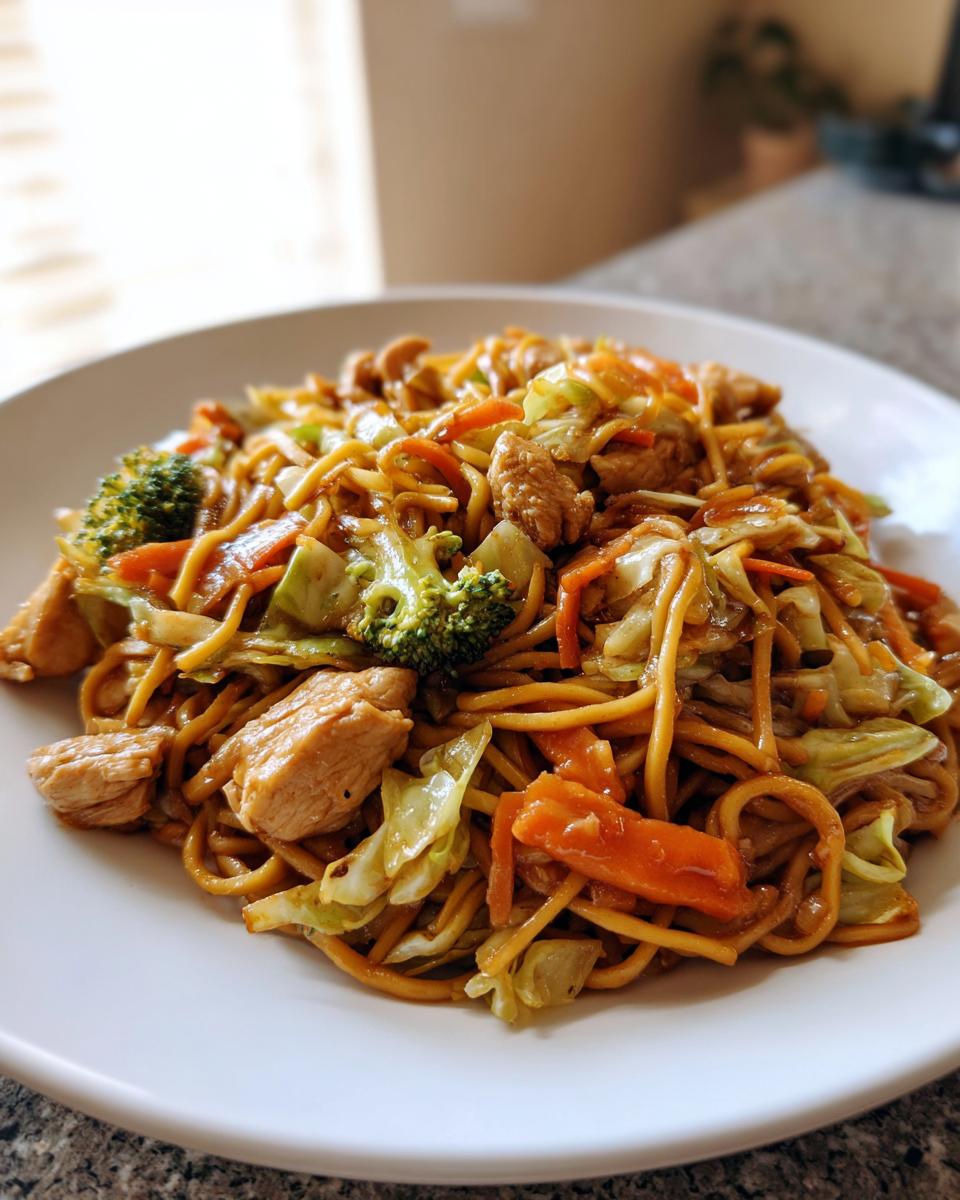 A close-up of a generous serving of chicken chow mein recipe with noodles, chicken pieces, broccoli, and carrots on a white plate.