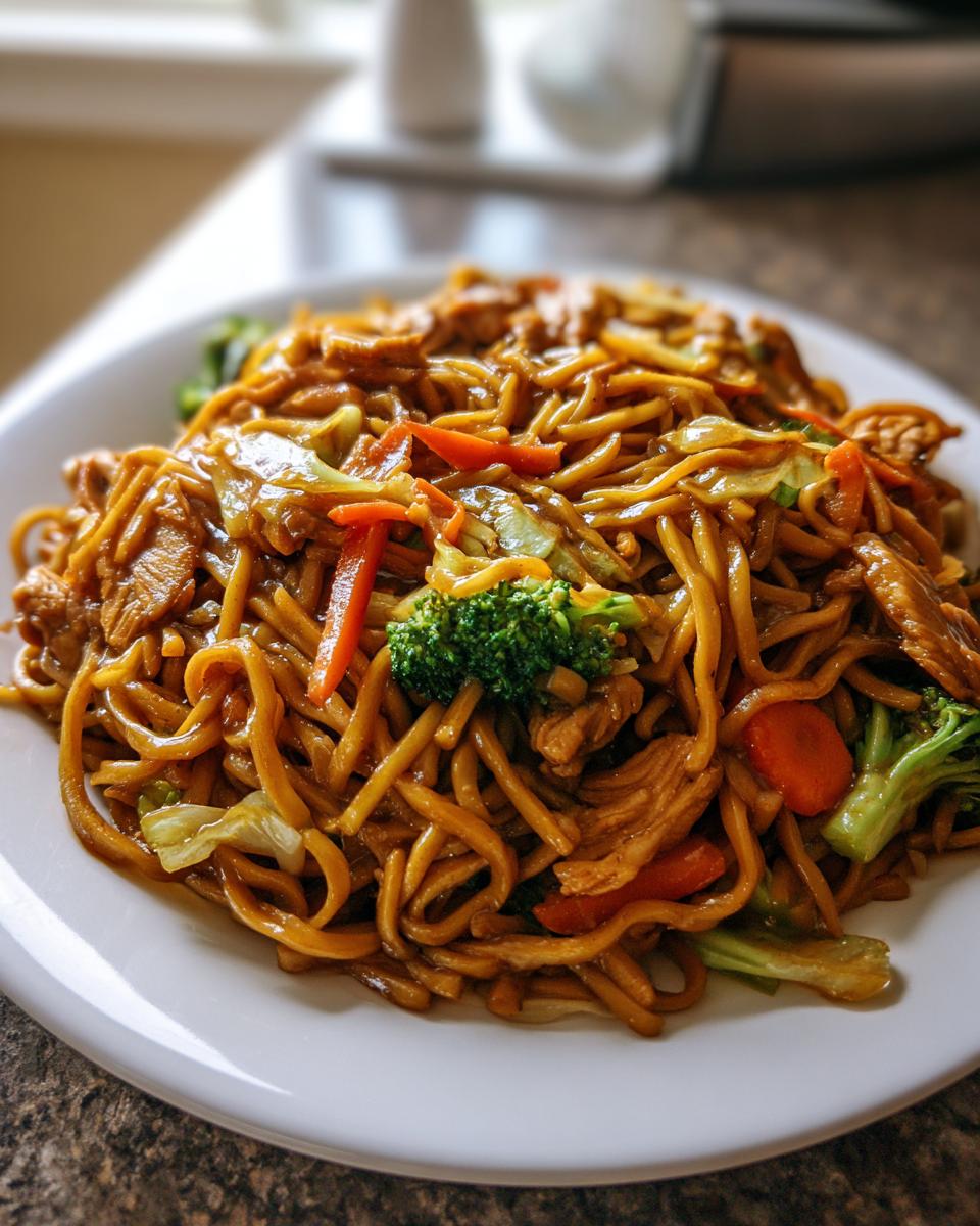 A close-up of a generous serving of homemade chicken chow mein recipe with noodles, chicken strips, broccoli, and carrots.