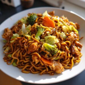 A close-up of a serving of flavorful chicken chow mein recipe with noodles, chicken pieces, broccoli, and carrots.