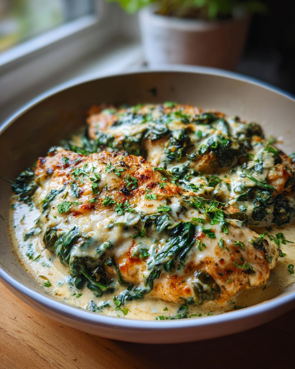 Two golden-brown chicken breasts smothered in creamy sauce with spinach, served as Chicken Florentine.