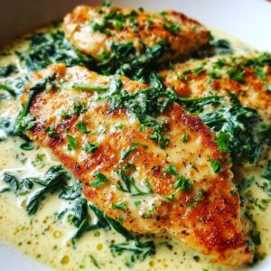 Close-up of pan-seared chicken florentine breasts smothered in creamy spinach sauce and garnished with parsley.