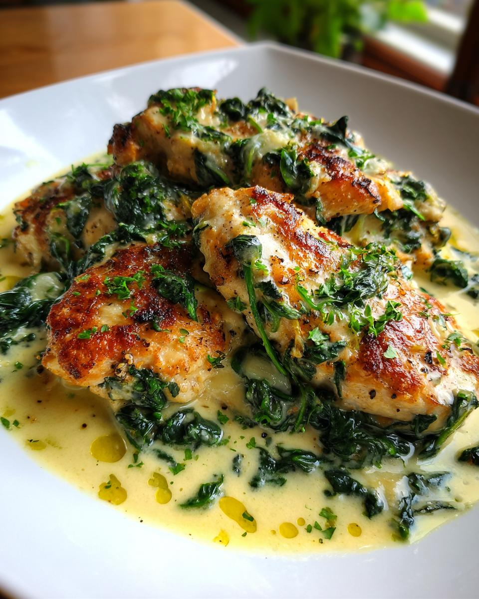 Three pieces of golden-brown chicken florentine served in a rich, creamy sauce with wilted spinach and parsley garnish.