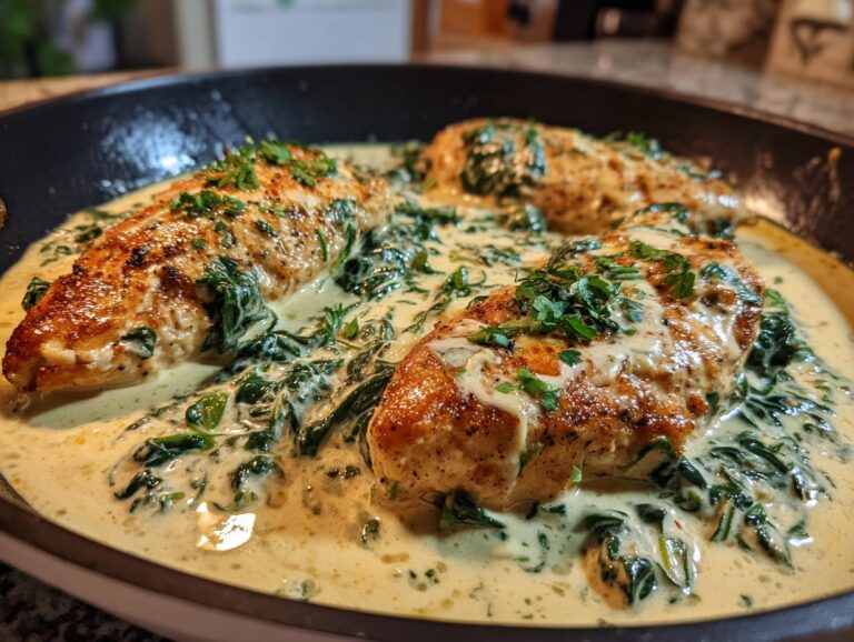 Three golden-brown chicken breasts simmered in a creamy sauce with wilted spinach, garnished with fresh parsley, ready for chicken florentine.
