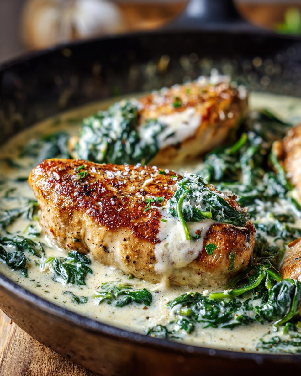 Close-up of seared chicken florentine breasts topped with spinach and parmesan in a creamy sauce.
