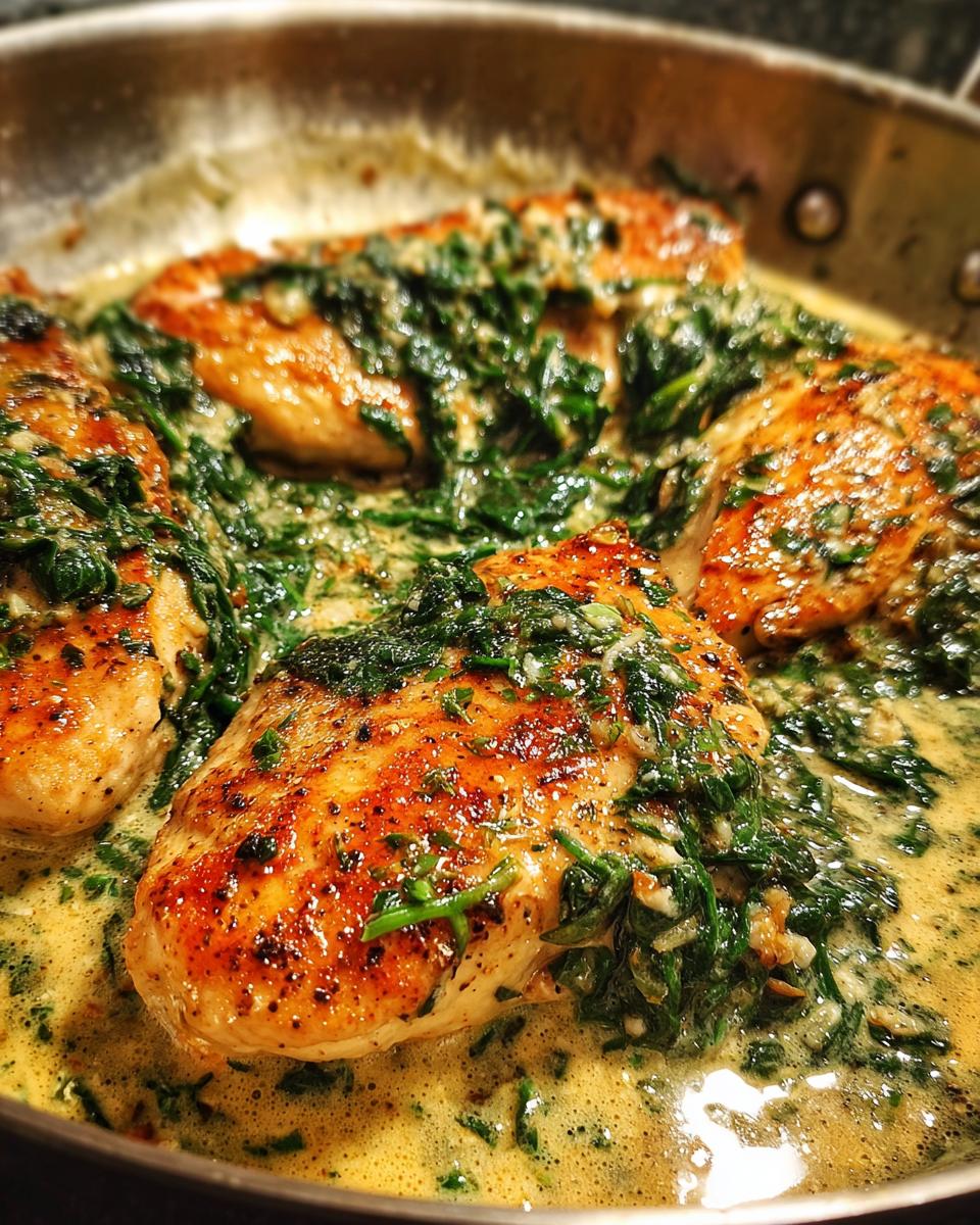 Close-up of golden-brown chicken florentine breasts simmering in a creamy spinach sauce in a stainless steel skillet.