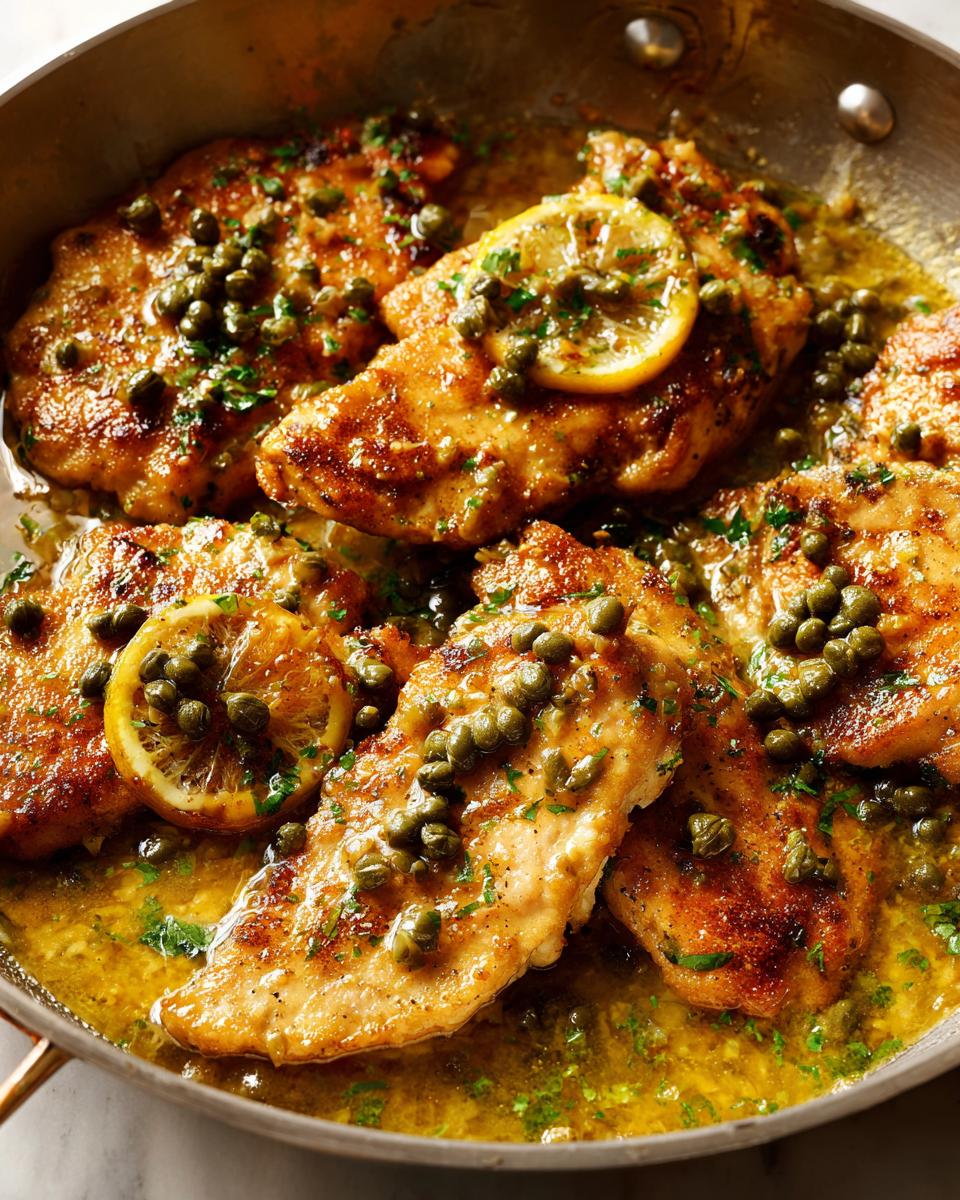Close-up of golden-brown chicken piccata fillets simmering in a lemon-butter sauce with capers and parsley.