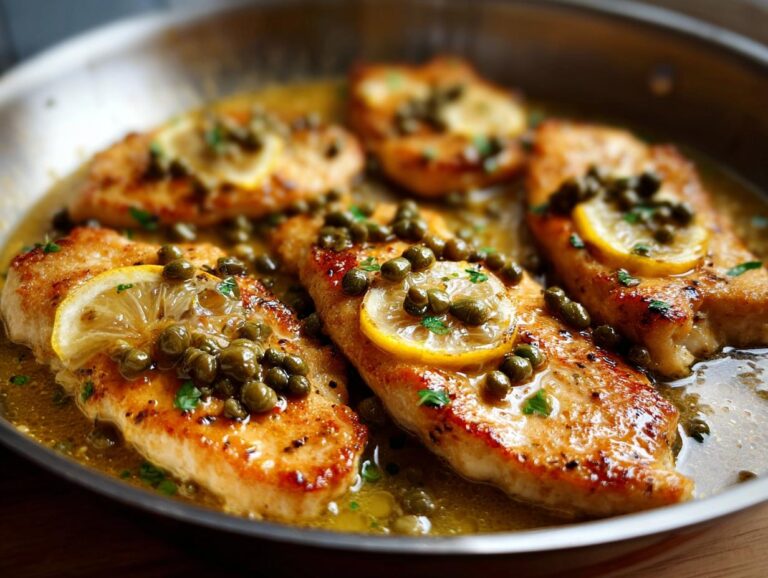 Four golden-brown chicken piccata cutlets swimming in a bright lemon-butter sauce, topped with capers and thin lemon slices.