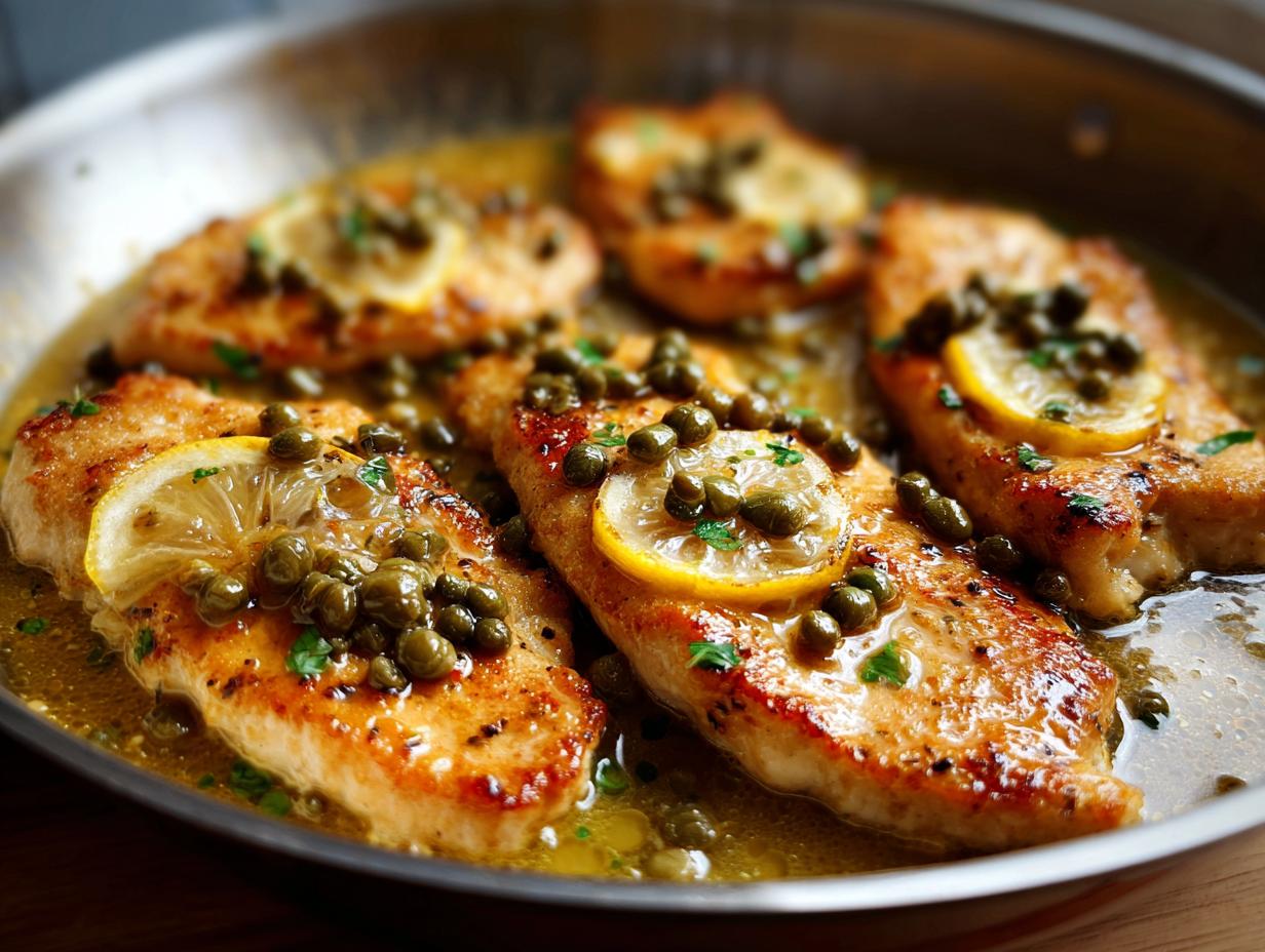 Four golden-brown chicken piccata cutlets swimming in a bright lemon-butter sauce, topped with capers and thin lemon slices.