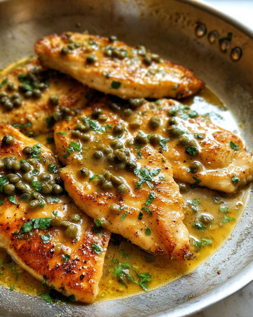 Close-up of golden-brown chicken piccata fillets swimming in a bright lemon-butter sauce topped with capers and parsley.