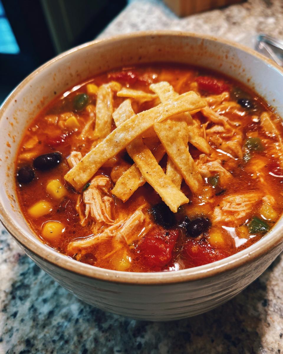 Close-up of a bowl of vibrant red chicken tortilla soup topped with crispy tortilla strips, chicken, corn, and black beans.