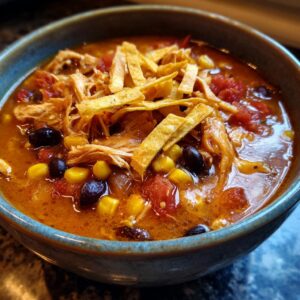 Close-up of a steaming bowl of chicken tortilla soup, featuring shredded chicken, corn, black beans, and crispy tortilla strips.