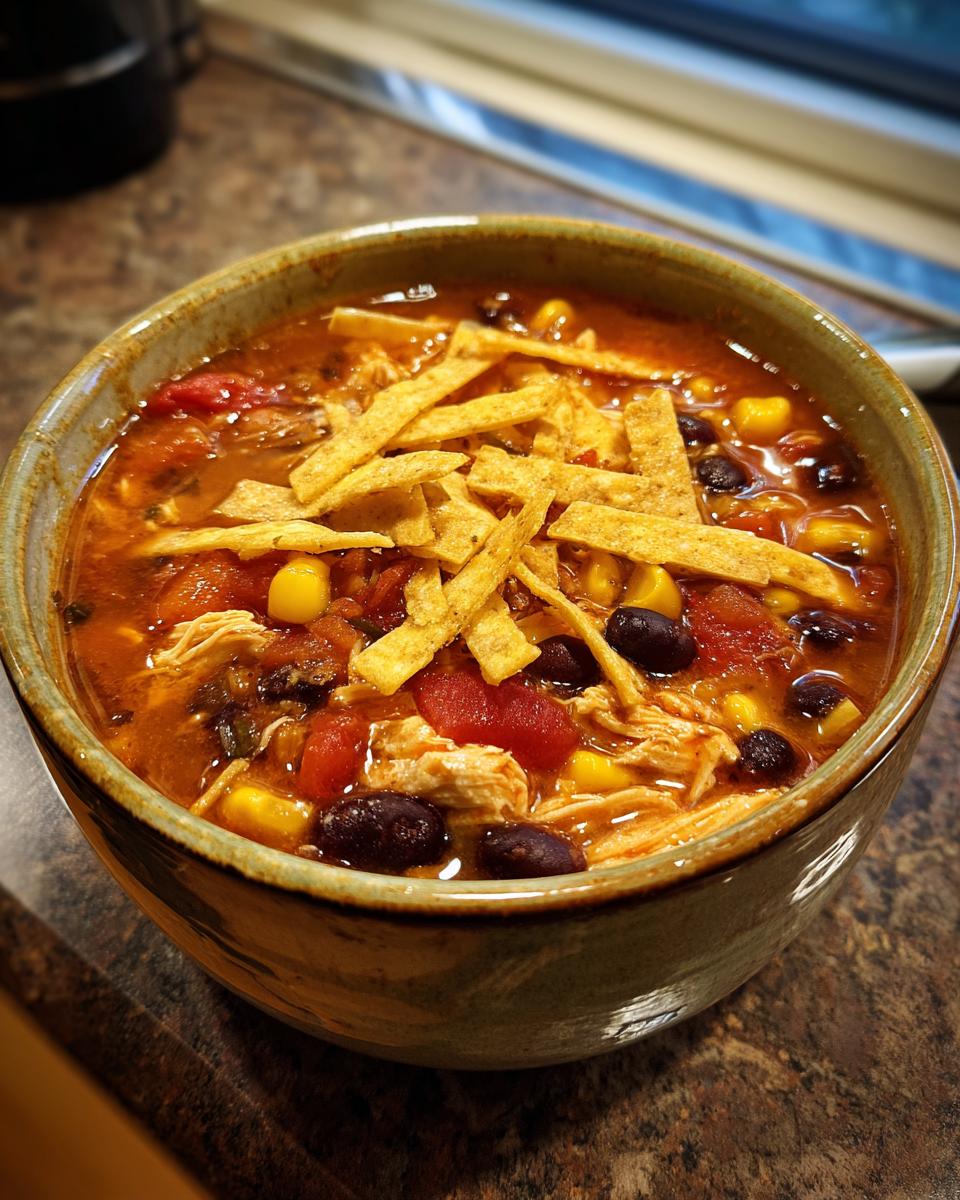 Close-up of a bowl of rich chicken tortilla soup topped with crispy tortilla strips, black beans, and corn.