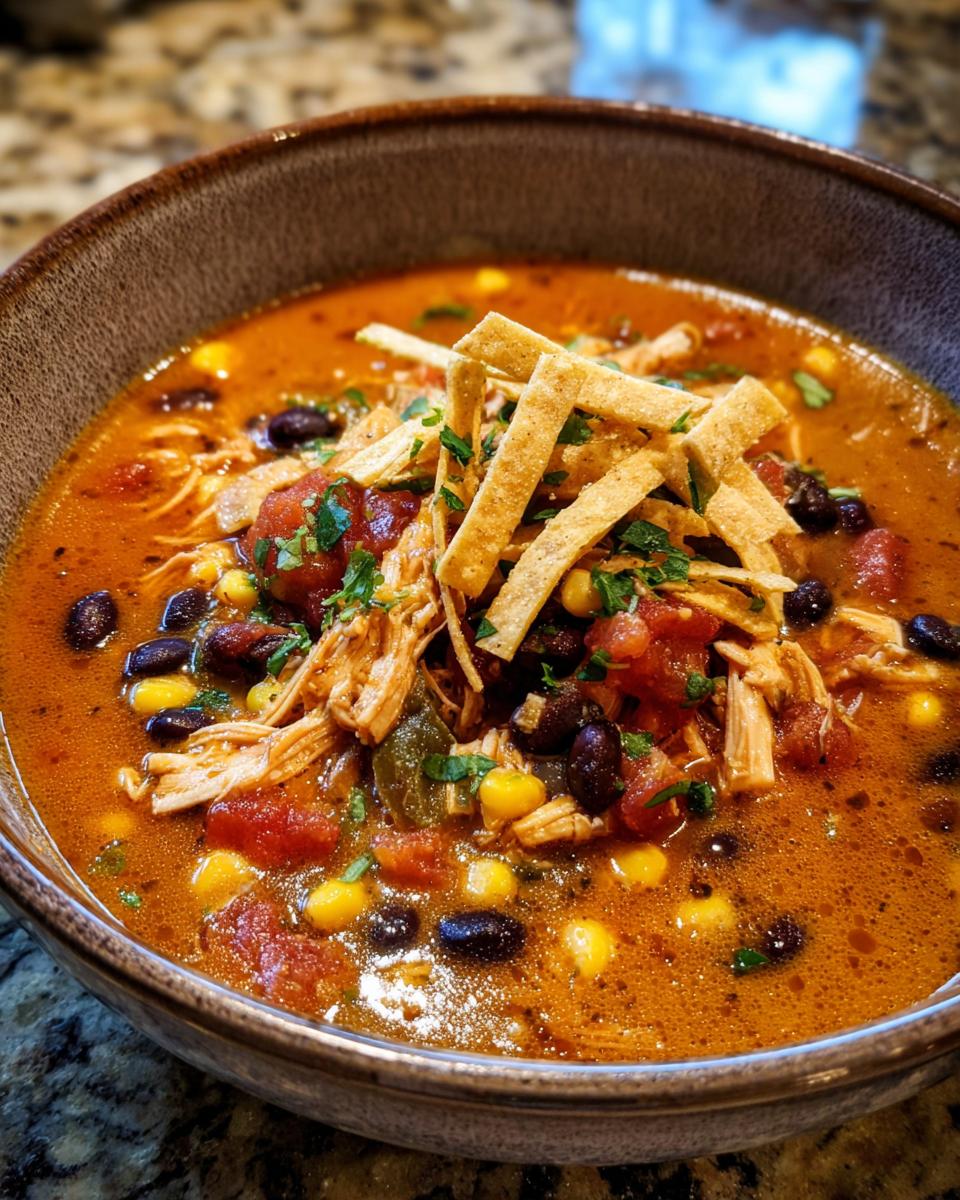Close-up of a rich, orange broth chicken tortilla soup topped with shredded chicken, black beans, corn, and crispy tortilla strips.