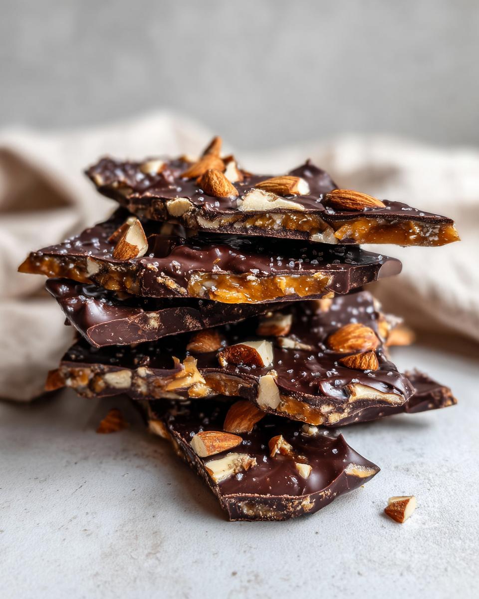 Stack of dark chocolate almond toffee pieces sprinkled with sea salt, showing the caramel layer.