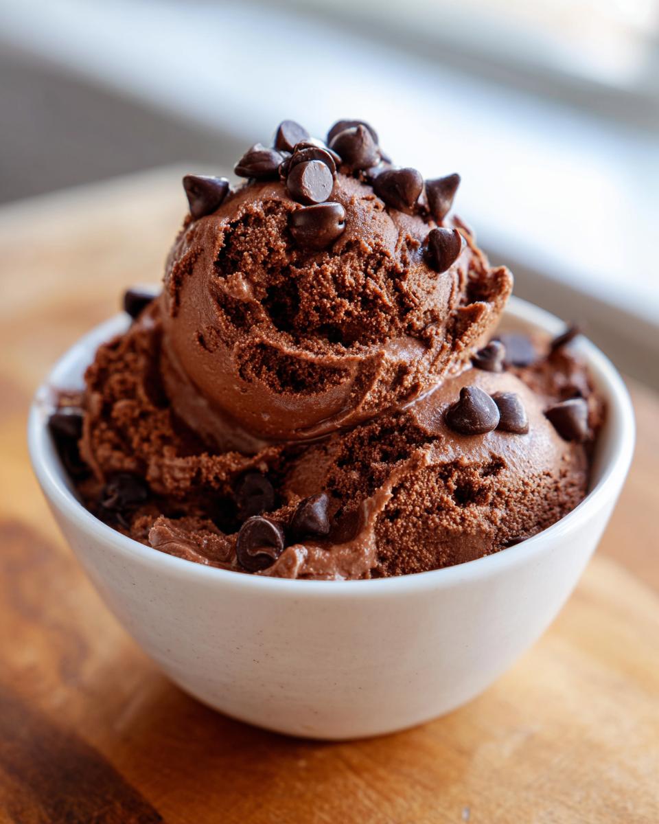 Two scoops of rich chocolate brownie batter dip topped generously with mini chocolate chips in a white bowl.