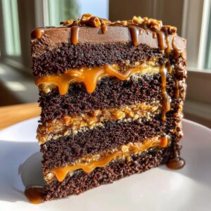 A tall slice of chocolate caramel toffee crunch cake showing rich dark layers, caramel drip, and crunchy filling.
