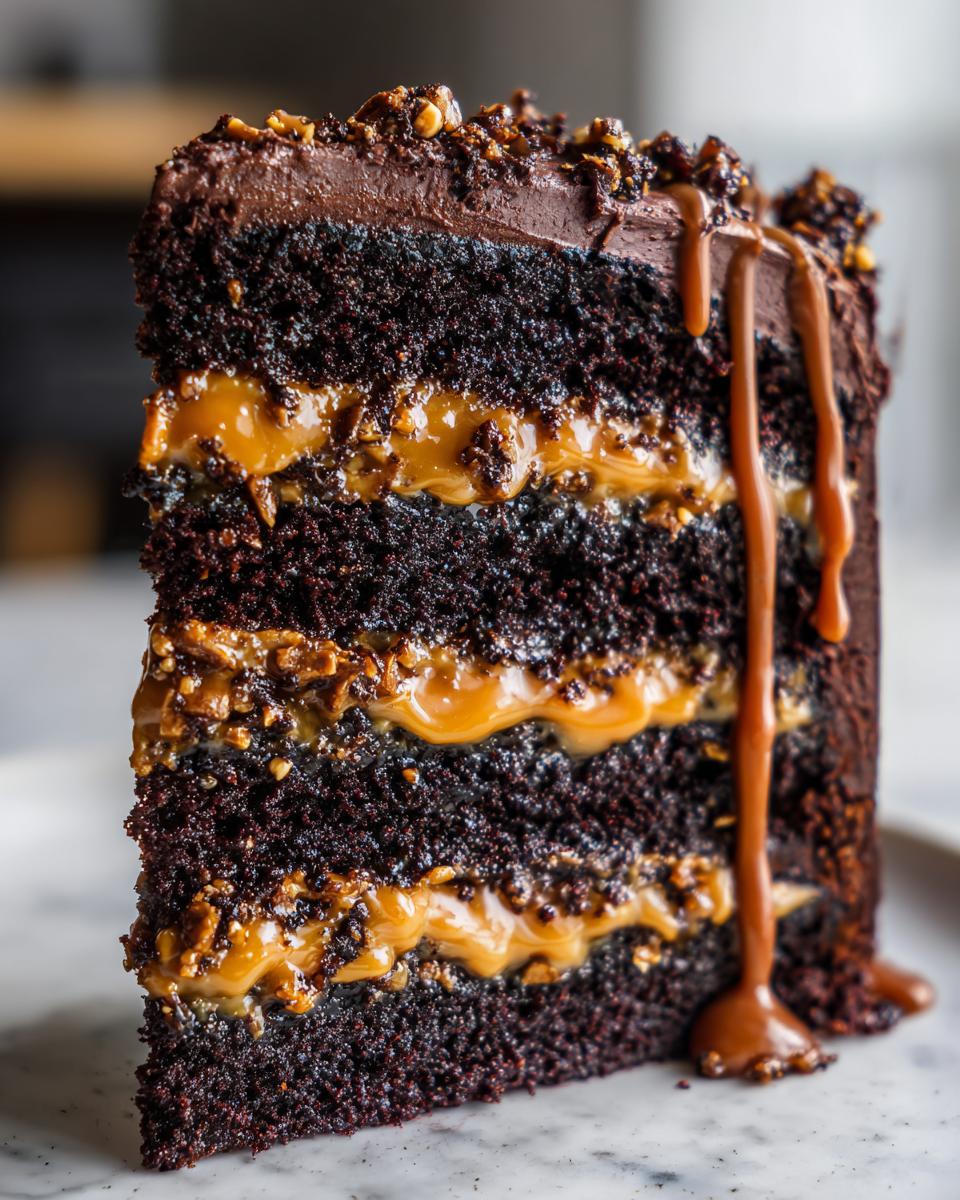 Close-up of a rich slice of chocolate caramel toffee crunch cake with multiple dark layers and flowing caramel.