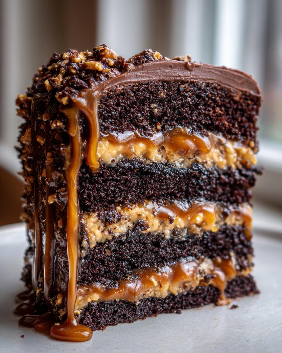 Close-up of a tall slice of chocolate caramel toffee crunch cake with dripping caramel.