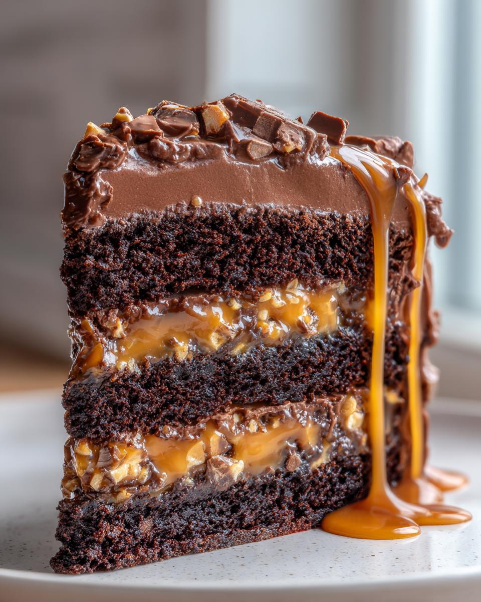 A tall slice of chocolate caramel toffee crunch cake with dripping caramel sauce.