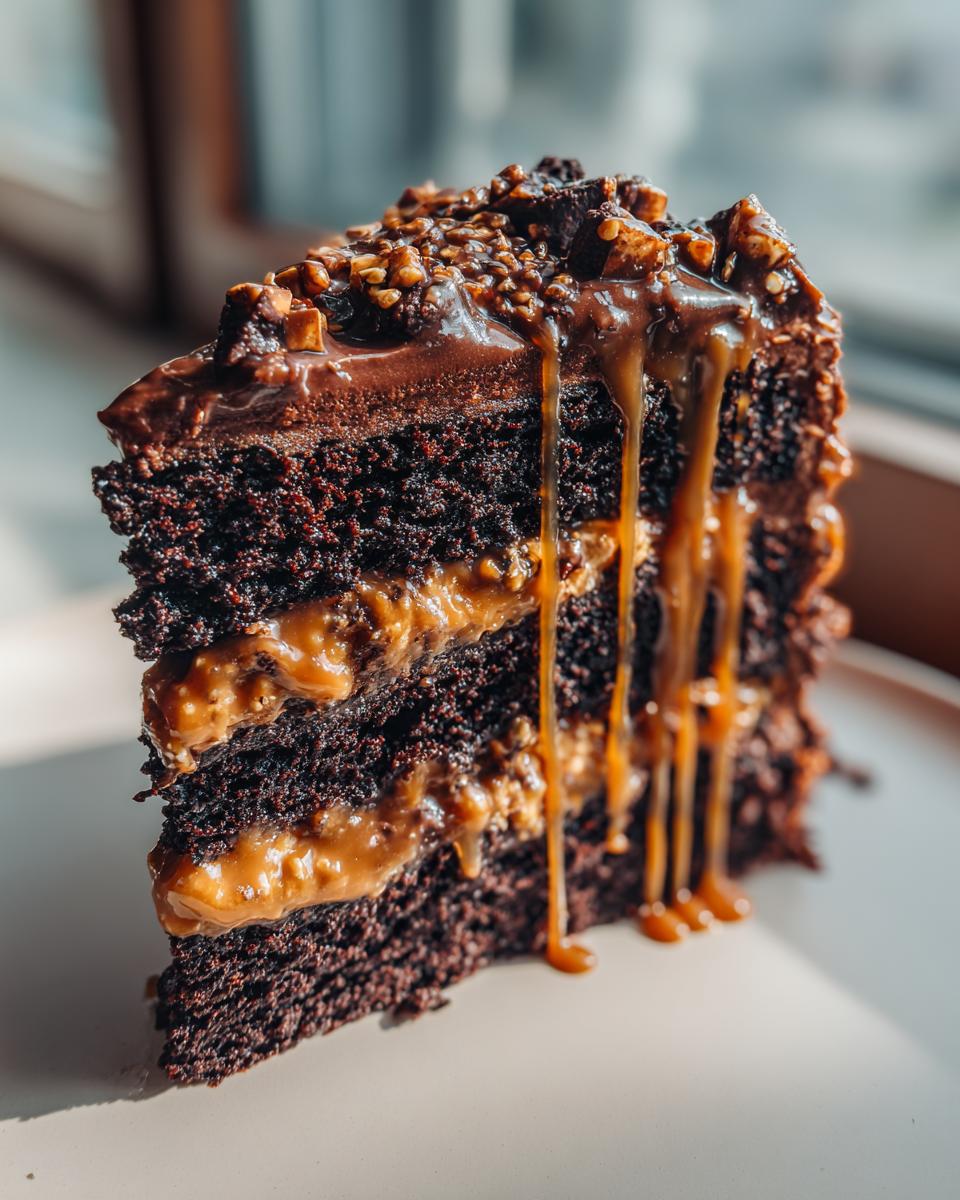 A decadent slice of chocolate caramel toffee crunch cake showing three layers of dark cake and caramel filling.