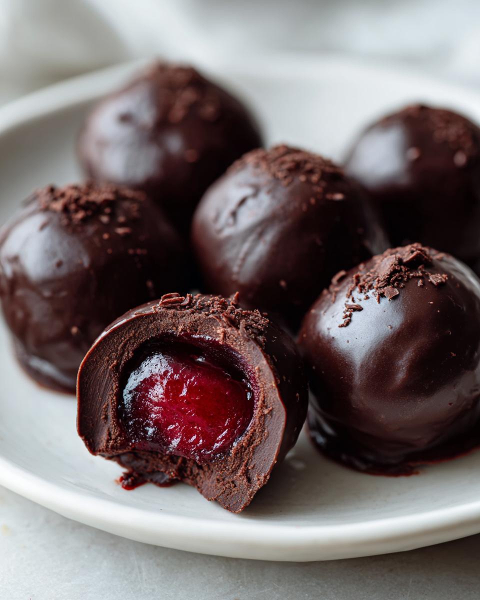 A close-up of homemade chocolate covered cherries, one cut open to show the juicy red cherry filling inside.