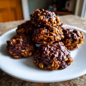 A stack of rich, chocolate-covered no bake cookies made with oats, resting on a white plate.
