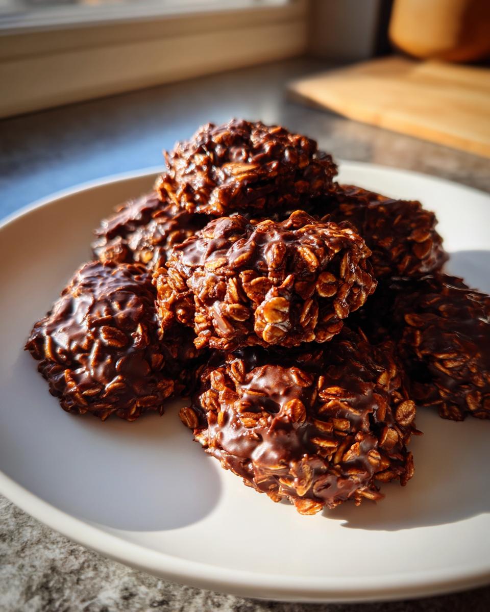 A close-up of several rich, dark chocolate no bake cookies piled on a white plate, catching the sunlight.