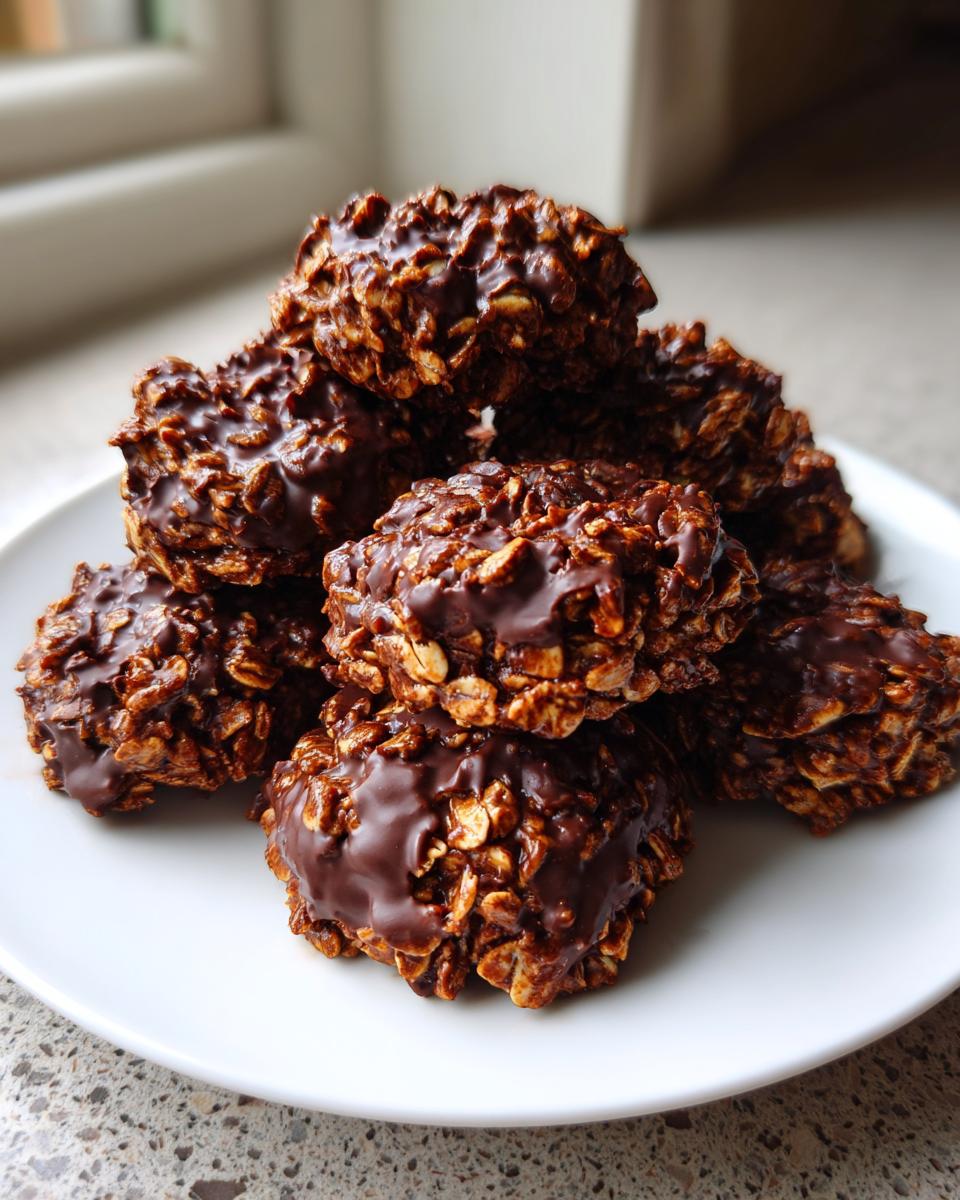 A stack of rich, chocolate-covered no bake cookies made with visible oats, sitting on a white plate.