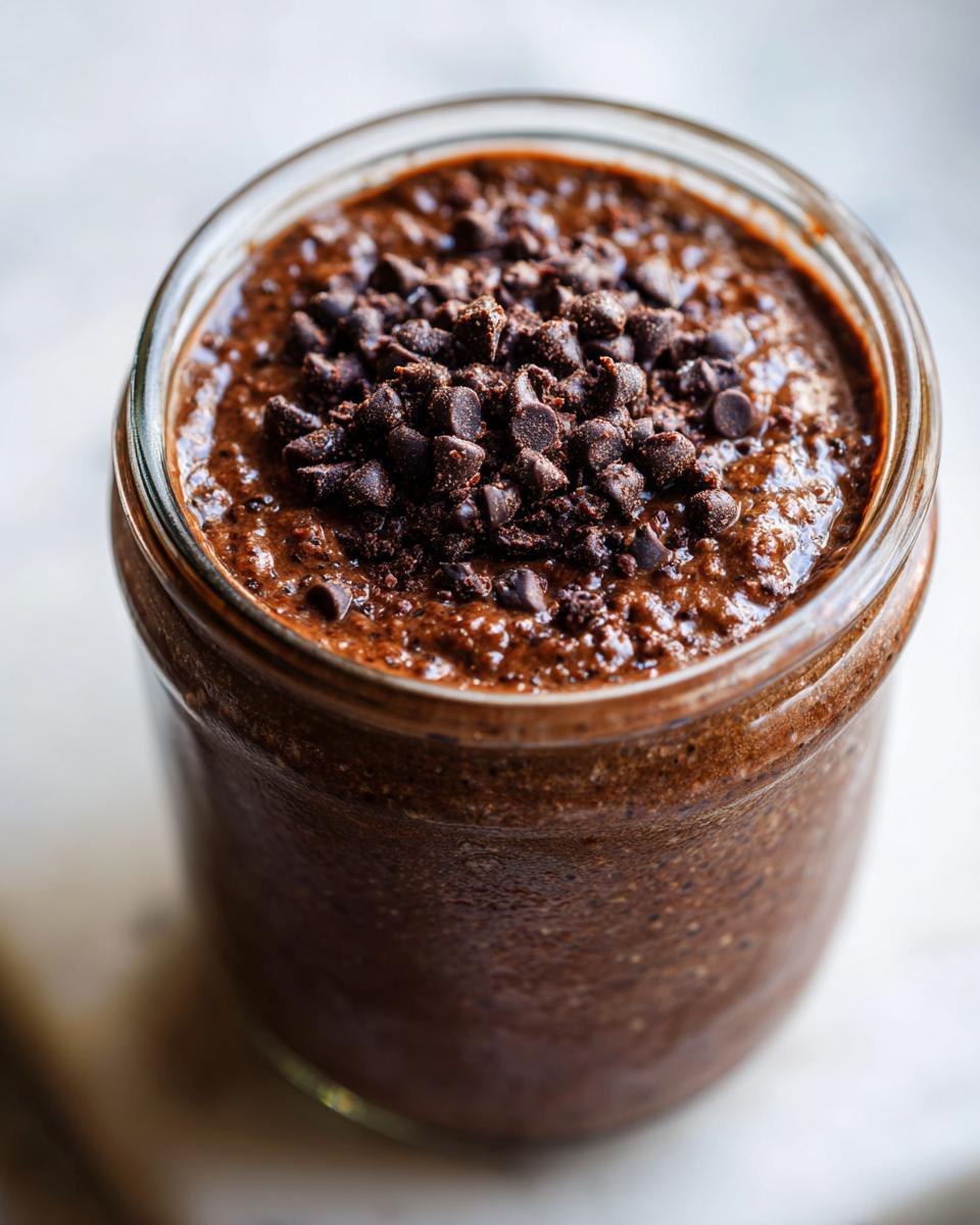 Close-up of rich chocolate overnight oats in a glass jar, topped generously with mini chocolate chips.