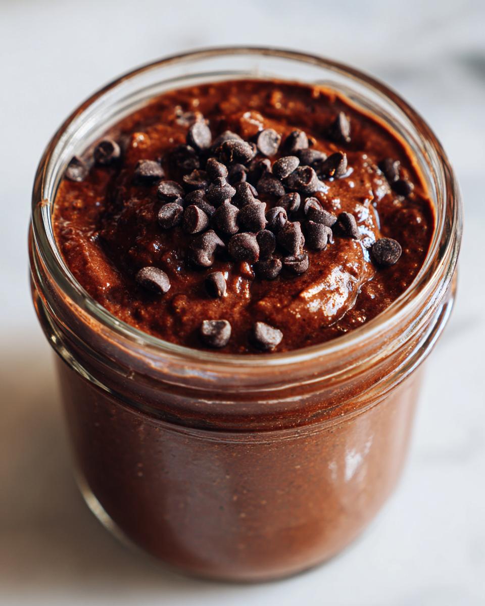 Close-up of rich, dark chocolate overnight oats in a glass jar, topped with mini chocolate chips.