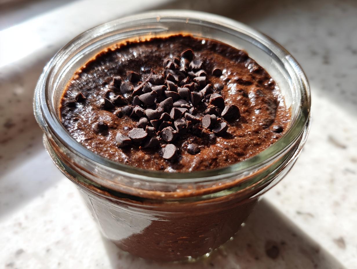Close-up of rich chocolate overnight oats in a glass jar, topped with mini chocolate chips.