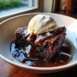 A rich slice of chocolate pudding cake drenched in warm sauce and topped with vanilla ice cream.