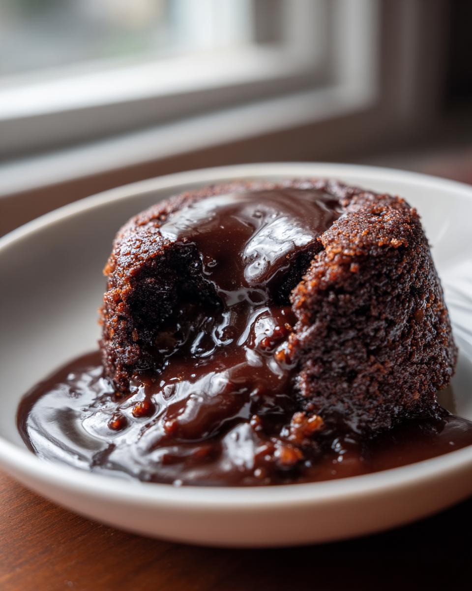 Close-up of a rich chocolate pudding cake with a piece broken open, revealing warm, gooey chocolate sauce.