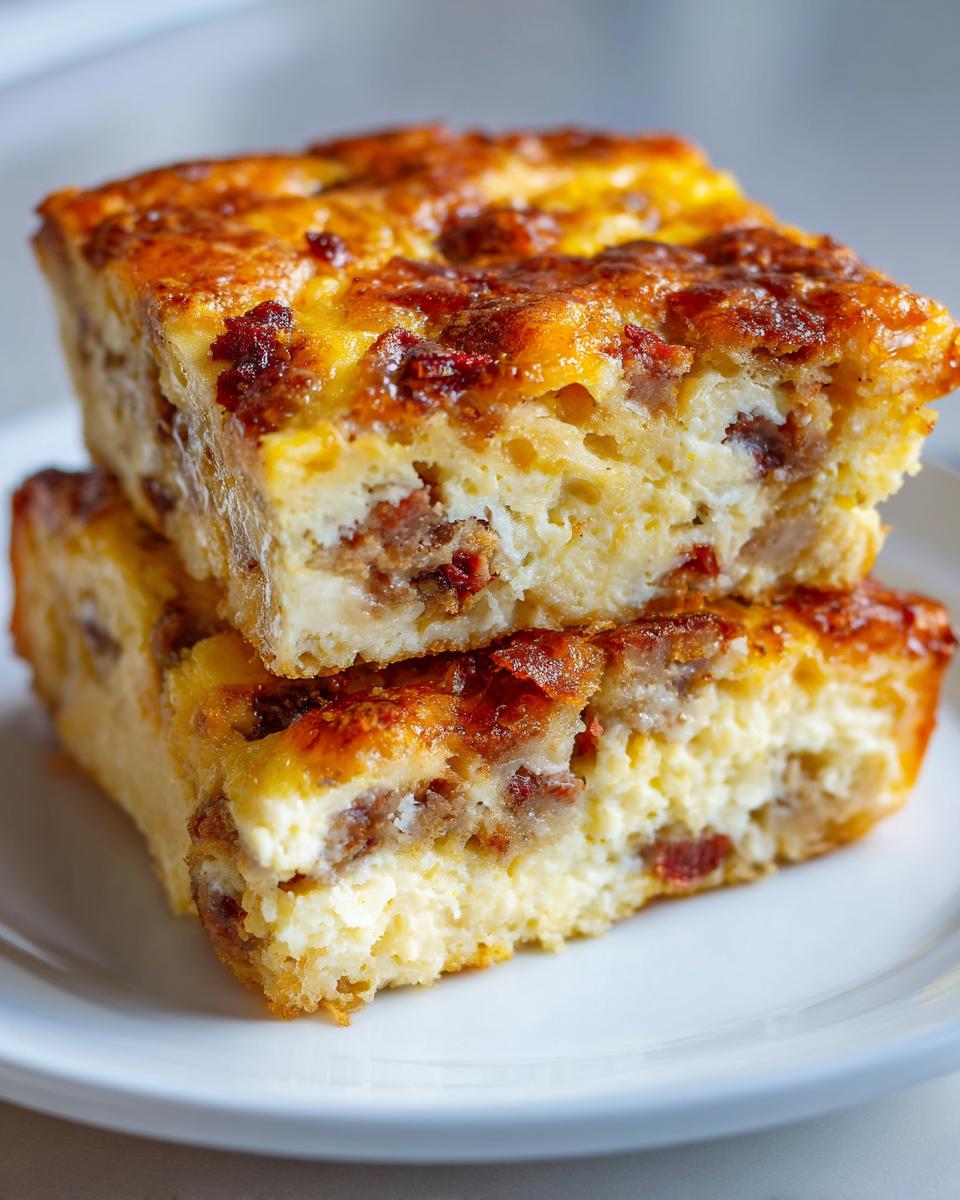 Two golden-brown squares of baked christmas breakfast casserole stacked on a white plate.