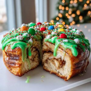 Close-up of christmas tree cinnamon rolls with green icing, sprinkles, and candies, cut to show soft interior.