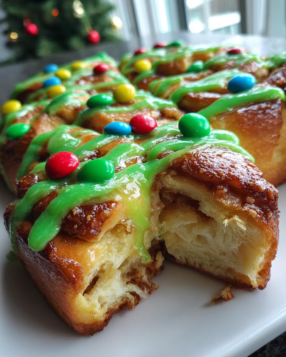 A close-up of soft Christmas tree cinnamon rolls decorated with bright green icing and colorful candies, with one roll pulled apart.