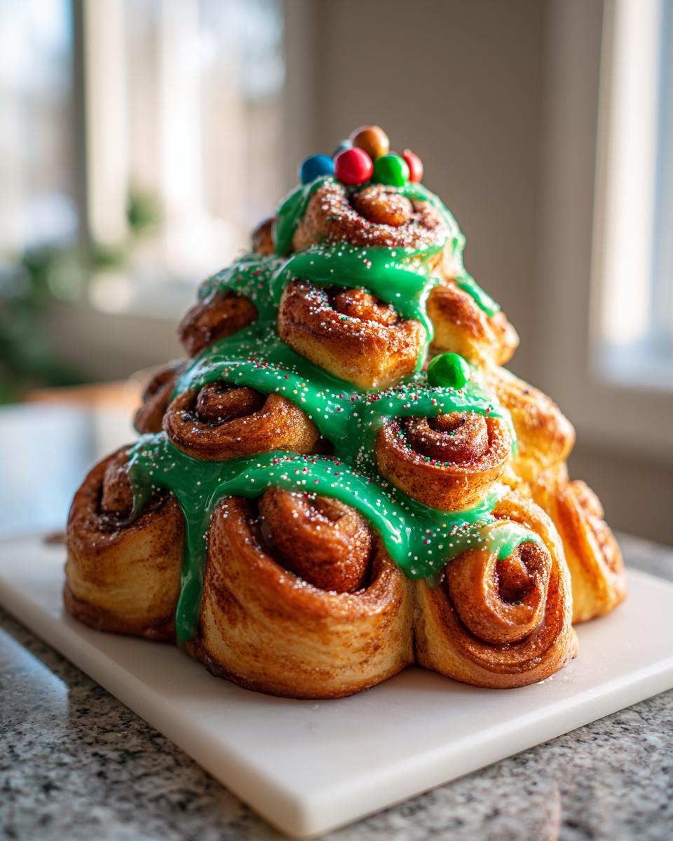 A stack of baked cinnamon rolls shaped like a Christmas tree, covered in bright green icing and sprinkles.