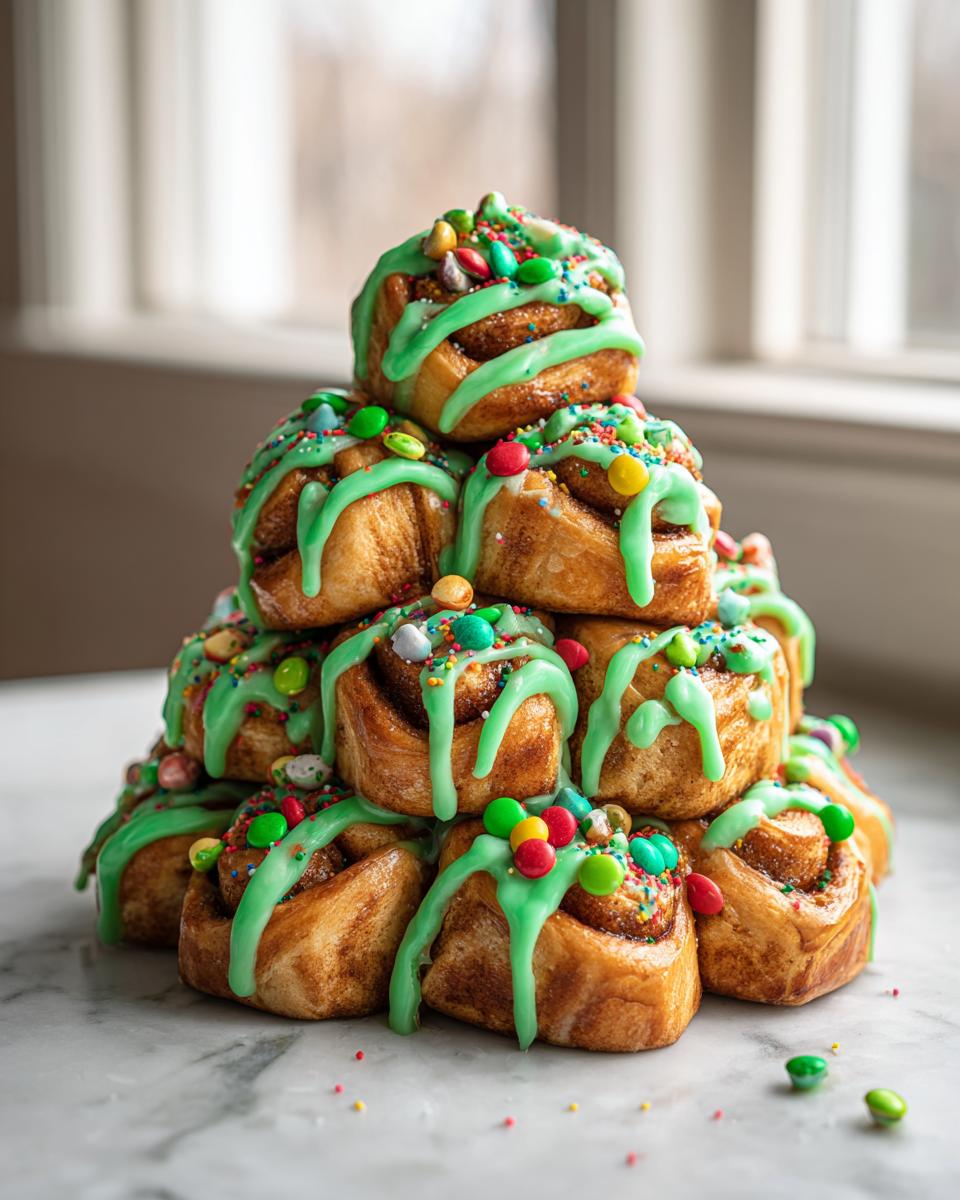 A stack of freshly baked christmas tree cinnamon rolls decorated with bright green icing and colorful candy sprinkles.