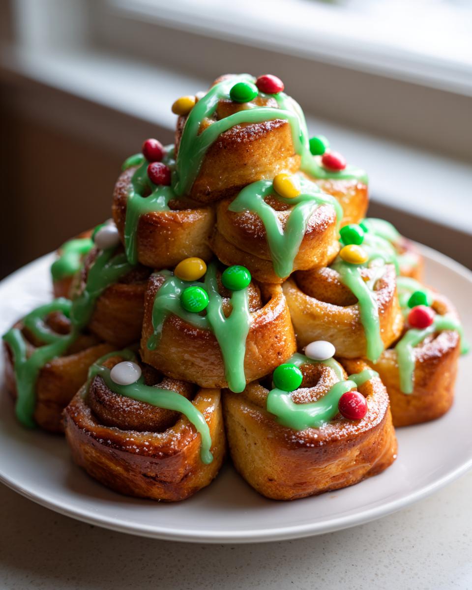 A stack of golden brown christmas tree cinnamon rolls drizzled with green icing and topped with colorful candies.