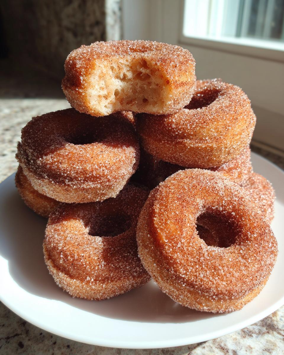A stack of freshly baked mini donuts coated in cinnamon sugar, with one on top showing a bite taken out.
