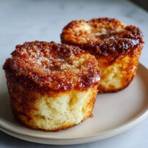 Two golden brown french toast muffins topped with caramelized cinnamon sugar, served on a small plate.