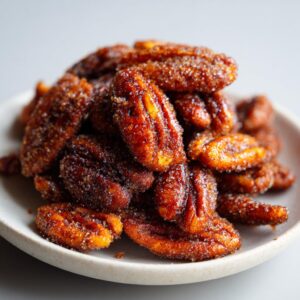 A close-up pile of glistening, caramelized cinnamon sugar pecans served on a small, light-colored ceramic dish.