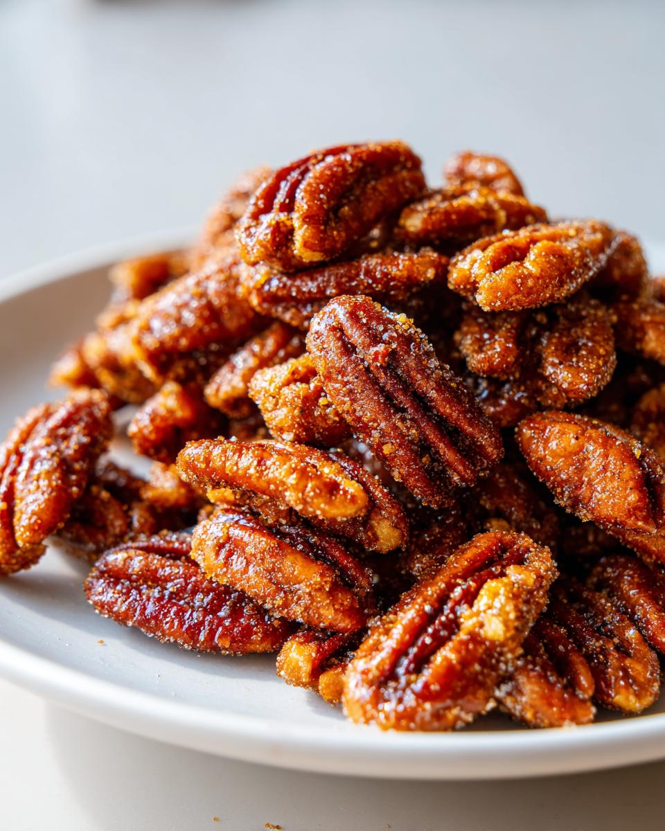 Close-up of a mound of freshly made cinnamon sugar pecans piled high on a white plate.