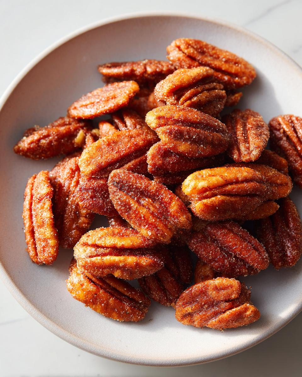A close-up, overhead shot of freshly made cinnamon sugar pecans piled high on a light gray plate.