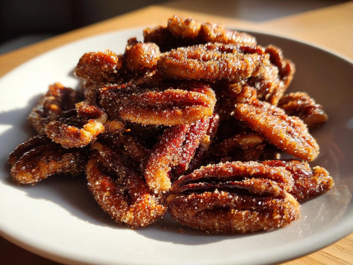 A close-up, sunlit photo of a pile of glistening cinnamon sugar pecans served on a white plate.
